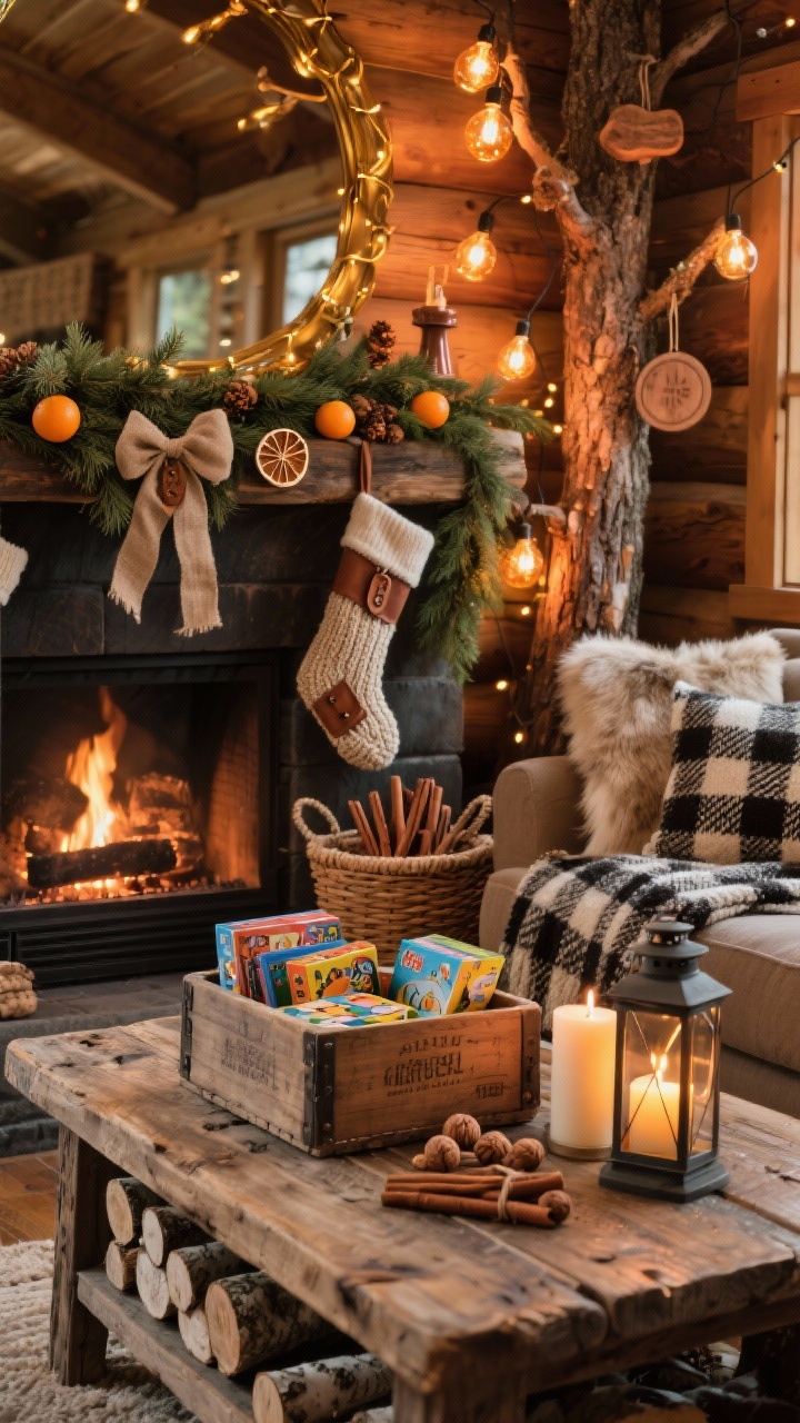 Detail closeup, cozy hearth vignette: Rustic cabin ambiance with warm woods, amber light, and chunky knits. Focus on a reclaimed wood coffee table holding a vintage crate filled with board games and pine-scented candles, with lanterns containing battery candles nearby. In the background, a natural tree with wood ornaments, cinnamon sticks, burlap ribbon, and copper/amber glass bulbs glows softly. The mantel shows thicker cedar garland with dried oranges and walnuts, plus knit stockings with leather tags. Hints of a buffalo check throw and faux fur pillows on the sofa edge; birch logs in a basket by the hearth. Warm Edison-string lights reflected in a wall mirror. Golden, inviting, textured, photorealistic.