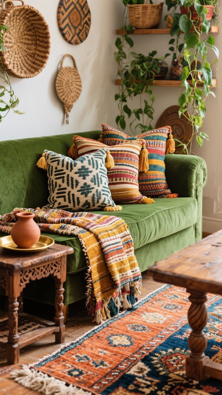Detail closeup, Eclectic Boho Maximalist: A lush, patterned vignette centered on an emerald-green sofa corner piled with cushions—block prints, tassels, ikat, and a bold stripe—showing rich woven textures. In the foreground edge, layered rugs: vintage-inspired Persian under a narrow kilim runner, colors of terracotta, saffron, cobalt, and cream. A carved wood side table with a brass tray and clay vessel; a turned wood table partially visible. Background blur reveals found art and woven baskets on the wall, plus a shelf brimming with pothos and trailing ivy. Warm, collected, joyful mood. Photorealistic, soft natural light.