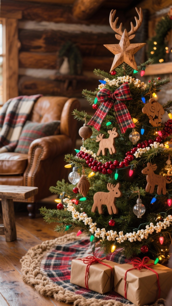 Detail closeup, eye-level: A section of a cozy cabin-style Christmas tree lit with multicolor retro string lights, featuring plaid ribbon, felt animal ornaments, hand-carved wood pieces, and vintage glass bulbs. Cranberry and popcorn garland strands weaving through branches; tin star or carved wood stag topper implied. In the blurred background: a leather club chair, wool plaid throw on a rustic bench, braided jute or buffalo-check tree skirt with kraft-paper gifts tied in red twine. Warm, nostalgic glow, textured wood and wool surfaces, photorealistic, no people.