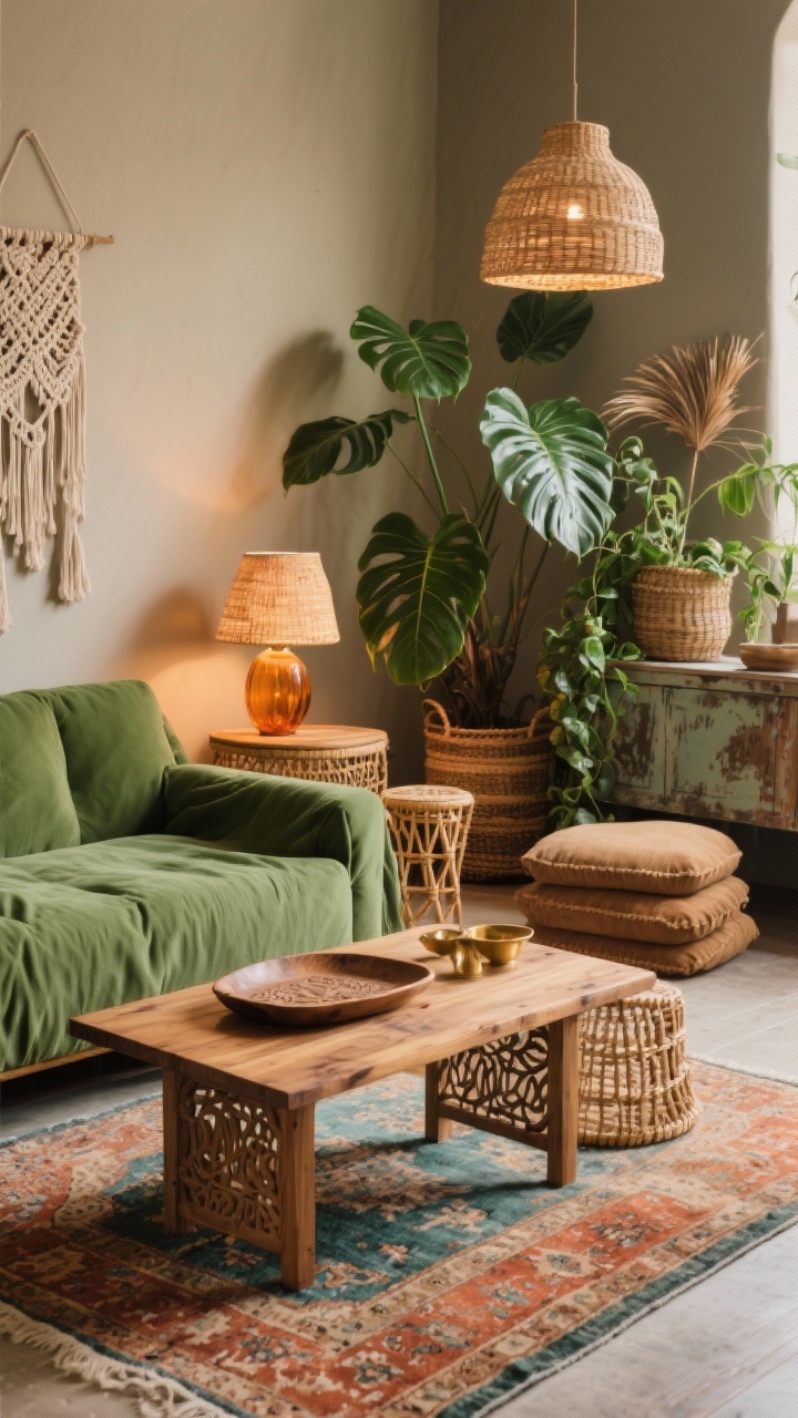 Detail closeup from a boho living room: moss green slipcovered sofa against warm greige walls, edge of a vintage-style Persian rug showing rust, terracotta, and faded blue-green tones. In frame: mango wood coffee table with a carved wood tray, rattan side table, and a distressed console blurred in background. Cluster of plants—monstera leaves, trailing pothos, and dried palms in woven baskets. Lighting: rattan pendant glow and amber glass table lamp warmth. Accents include macramé wall hanging and stacked floor cushions. Palette: moss, terracotta, sand, brass, rattan. Photorealistic, layered and relaxed.