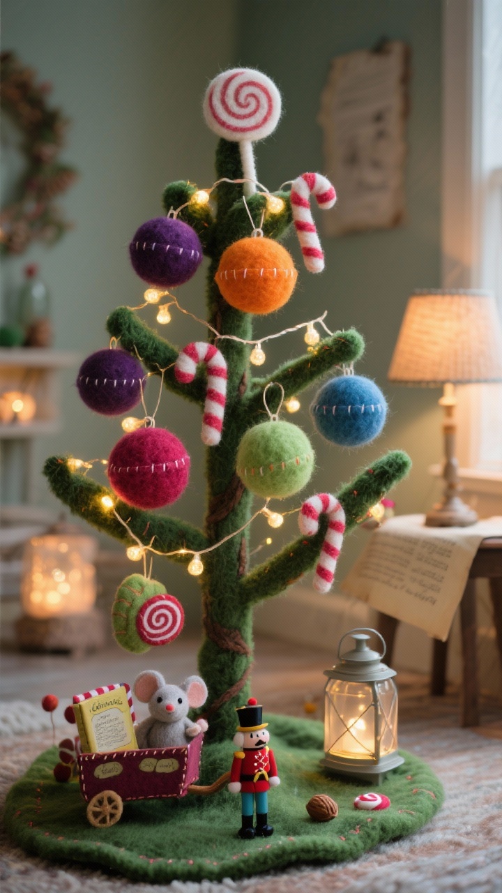 Detail closeup, Gumdrop Storybook Den: Tight shot of felt candy garlands and warm twinkly lights draped on a slim green tree, showcasing wool gumdrop ornaments in plum, tangerine, raspberry, lime, and blueberry. Hand-crafted details: stitched candy canes, tiny lollipop swirls, and mini storybook figurines like toy mice, nutcrackers, and a candy cart nestled among branches. Soft background blur revealing a felted gumdrop tree skirt and a swirled lollipop topper. Cozy, bedtime-story glow with string lanterns and a parchment-shaded table lamp ambience. Photorealistic macro texture emphasis on felt, wool, and stitches, straight-on close focus.