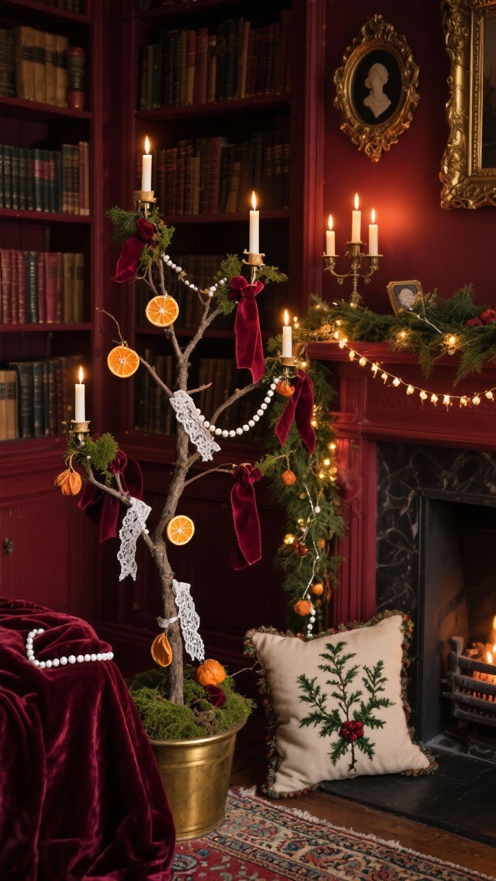 Detail closeup, intimate library nook: Victorian mood with oxblood bookcases as backdrop. A small tree in a brass planter beside a fireplace, dressed with lace ribbon pinned through branches, pearl-bead garland, dried orange slices, and velvet ribbons in burgundy and moss. Candle-style clip-on lights perched on branches with soft flicker; a second strand of micro lights woven through mantle garland softly glowing. Nearby textures: Persian rug edge, velvet throw, needlepoint holly pillow; gilded frames and cameo ornaments. Romantic, mysterious candlelit ambiance.