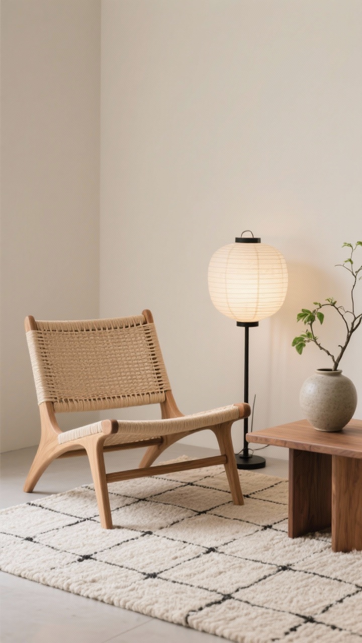Detail/closeup, Japandi Reading Corner textures: A calm vignette focusing on a low-profile rattan lounge chair with straight minimal lines and natural wood legs beside a low oak side table. Show a pale woven rug with a subtle grid pattern beneath, a rice-paper lantern casting soft diffused light, and a single stoneware vessel holding a simple green branch. Materials emphasized: oak, stoneware, paper, cotton. Palette of bone, sand, with restrained ink-black accents. Clean, zen minimalism, photorealistic, no people.