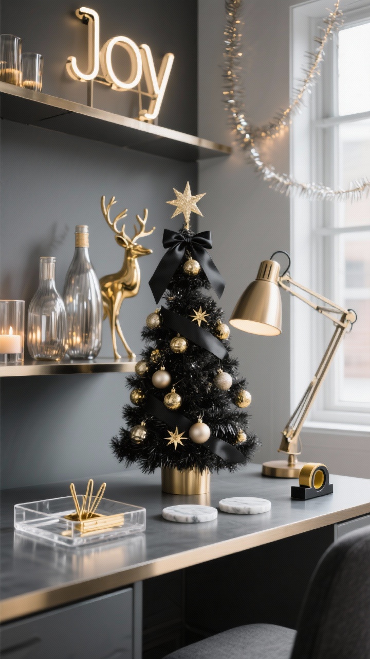 Detail closeup, low angle of a sleek metallic studio vignette in charcoal, champagne, and soft gold. Focus on a black tinsel or graphite pencil tree decorated with champagne ornaments, black satin ribbon, and metallic starburst picks. Behind it, a brushed brass task lamp casts a subtle glow; a minimal neon “Joy” sign softly lit in the background. On a shelf: clustered mercury glass vases, smoked glass LED candle holders, and a sculptural gold reindeer. On the desk surface: a clear acrylic tray with gold paperclips, marble coasters, and a black-and-gold tape dispenser. Thin metallic garland hinted across a window out of focus. Glossy, editorial glam mood, photorealistic.