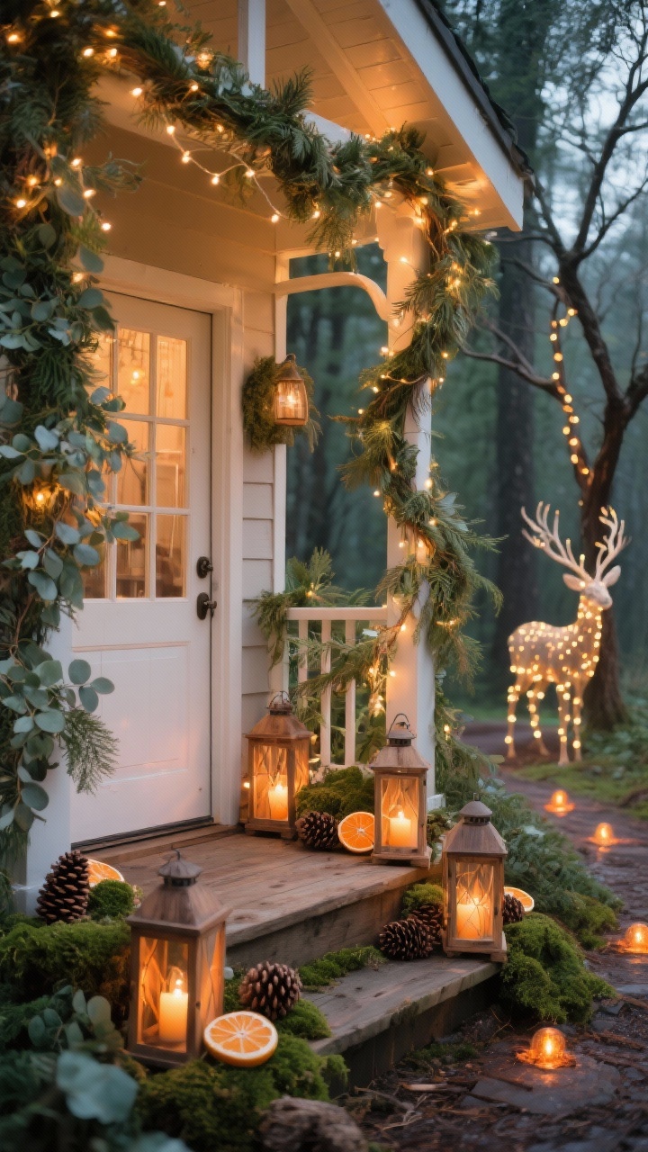 Detail closeup, low-angle porch vignette of a woodland fairy-lit cottage mood: warm fairy lights loosely draped through lush cedar and eucalyptus garlands around the doorframe and railing, organic and slightly drooped; clusters of wooden lanterns on the steps with soft amber glow; natural textures of pinecones, moss, and slices of dried oranges tucked among the greenery; in soft-focus background, a glowing twig reindeer figure and a bare branch tree wrapped in micro LEDs; pathway hinted by amber path lights; color palette warm white, natural greens, caramel, wood tones; mood enchanted woodland, cozy and whimsical; photorealistic, no people.
