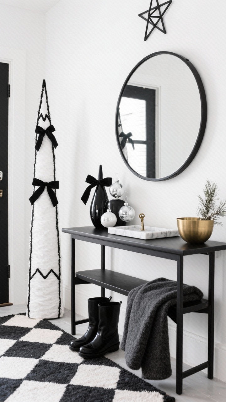 Detail closeup, Minimalist Black-And-White Entryway: A crisp, graphic pencil tree beside a sleek black console table on a checkerboard rug/runner. Close crop on ornaments and styling: matte black, gloss white, and clear glass ornaments tied with narrow black satin ribbon; no garland. A thin black-metal geometric star topper visible above. On the console, a marble tray with a brass key bowl and a small winter sprig; an oversized round mirror with a thin black frame reflects the tree’s silhouette. Entry bench edge shows glossy boots and a folded wool coat to suggest lived-in minimalism. Bright, even lighting, high contrast, photorealistic.