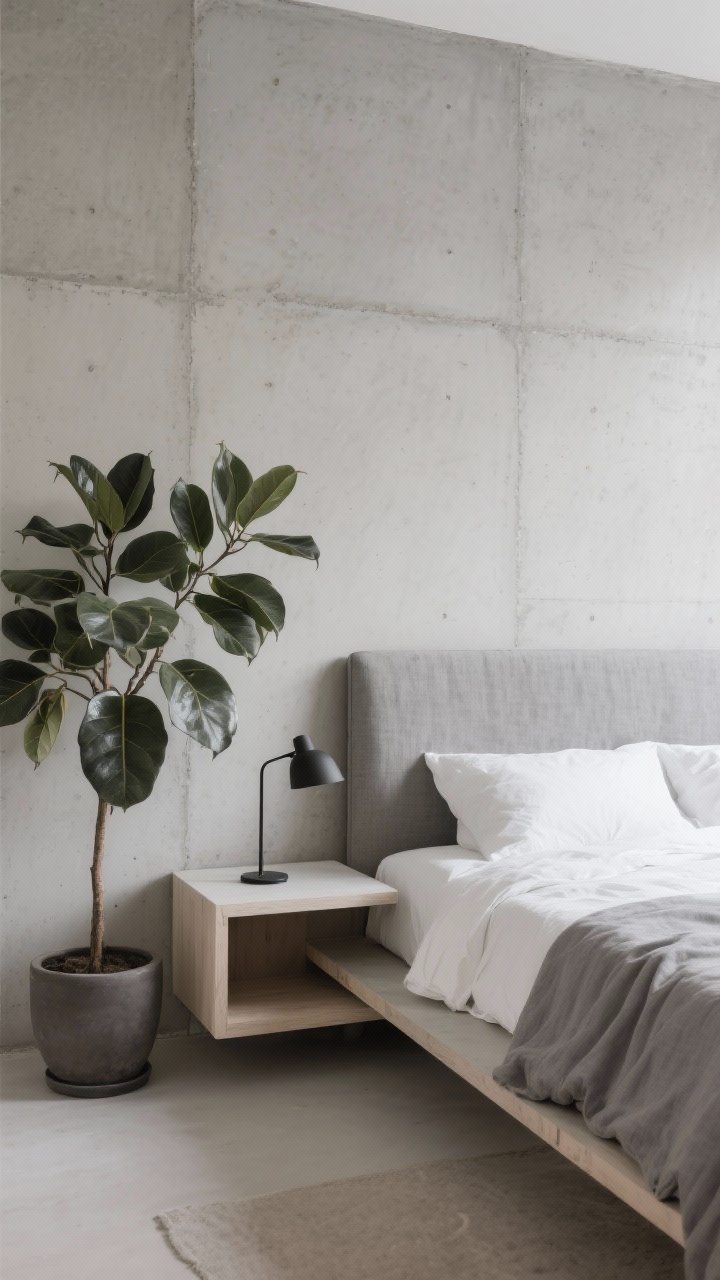 Detail closeup, minimalist zen textures: concrete-look wallpaper or soft graphite limewash wall behind a low platform bed with simple linen headboard. Stone-washed linen bedding in ash grey with a crisp white duvet, floating nightstand with hidden storage edge just visible, slim black reading lamp. Single oversized plant (olive or rubber plant) in a matte pot partially in frame. Neutral palette of warm grey, soft white, natural wood; calm, diffused daylight, photorealistic.