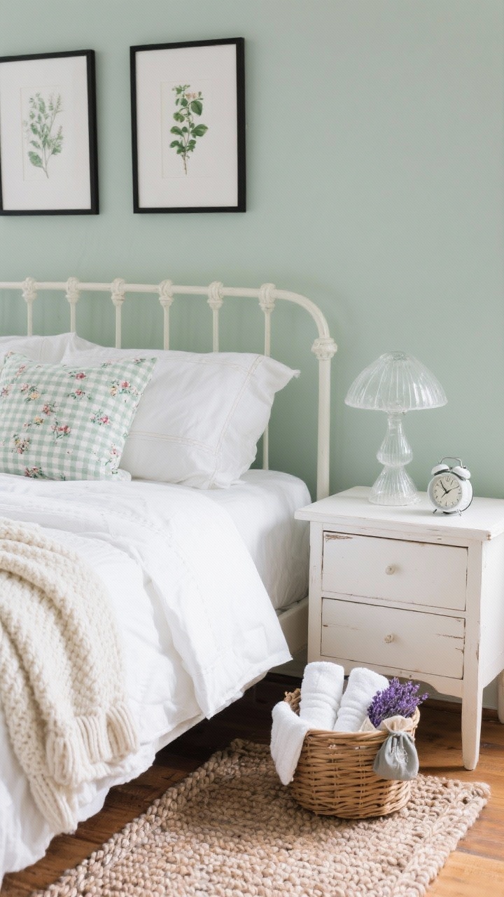 Detail closeup: Modern cottage mix vignette showing a white spindle bed against pale sage walls. The bedding layers include solid white sheets, a micro-floral quilt, a gingham lumbar pillow, and a thick cotton knit throw draped casually. On one side, a painted wood nightstand with Shaker lines supports a milk-glass mushroom lamp; above, slim black-framed botanical prints. At the foot, a braided wool rug texture is visible. A small wicker basket is styled with neatly rolled towels, a lavender sachet, and a tiny alarm clock. Soft, cozy daylight, clean lines with charming pattern, photorealistic.
