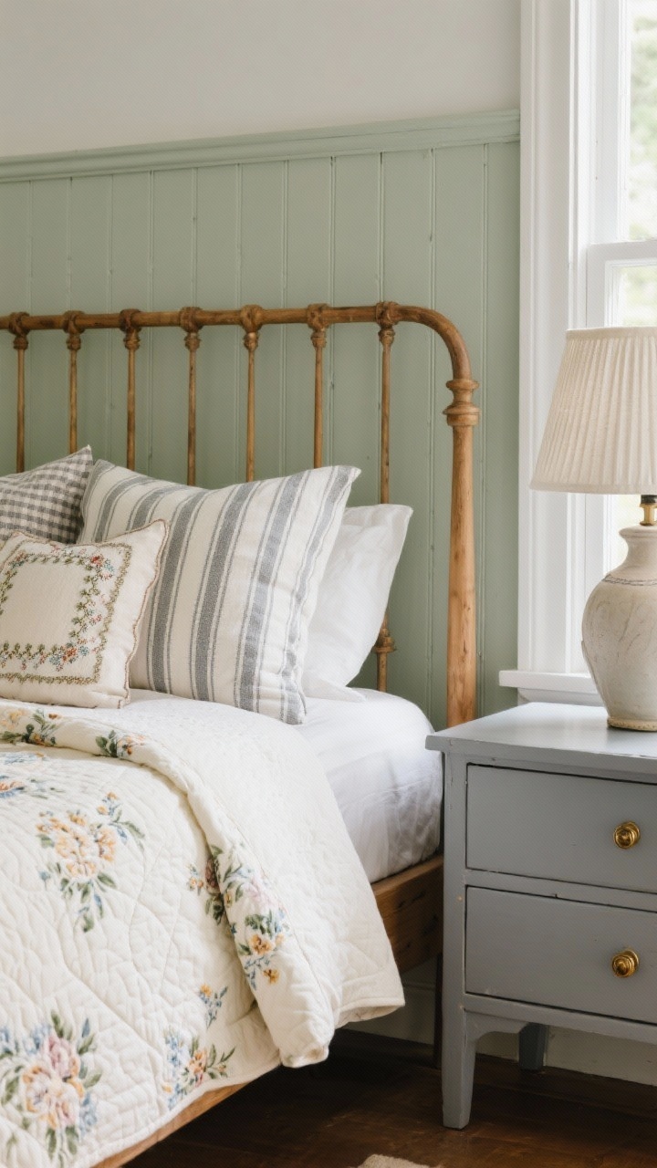 Detail closeup: Modern cottage textures on a spindle bed in warm oak. Focus on a quilted cream coverlet with a floral duvet folded at the foot, and mix-and-match pillows—ticking stripes, tiny checks, and a small needlepoint piece—showing fabric texture. Edge of pale sage wall with board-and-batten visible in background. A painted muted gray nightstand with antique brass knobs and a ceramic lamp with a pleated cotton shade partially in frame. Soft natural window light, cozy-but-crisp mood, photorealistic.