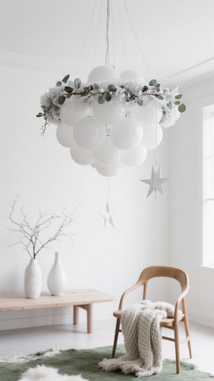 Detail closeup, Nordic Snowfall Minimalism chandelier: simple white globe cluster encircled by a frosted eucalyptus ring, delicate white paper star ornaments hanging on invisible fishing line; airy, winter-white serenity; soft natural daylight reflecting on matte white surfaces; background hints: pale ash table with white ceramic vases and bare branches, bentwood chair with chunky knit throw, sheepskin rug; palette white, soft gray, pale wood, sage green; calm, minimalist mood; photorealistic, no people, upward angle.