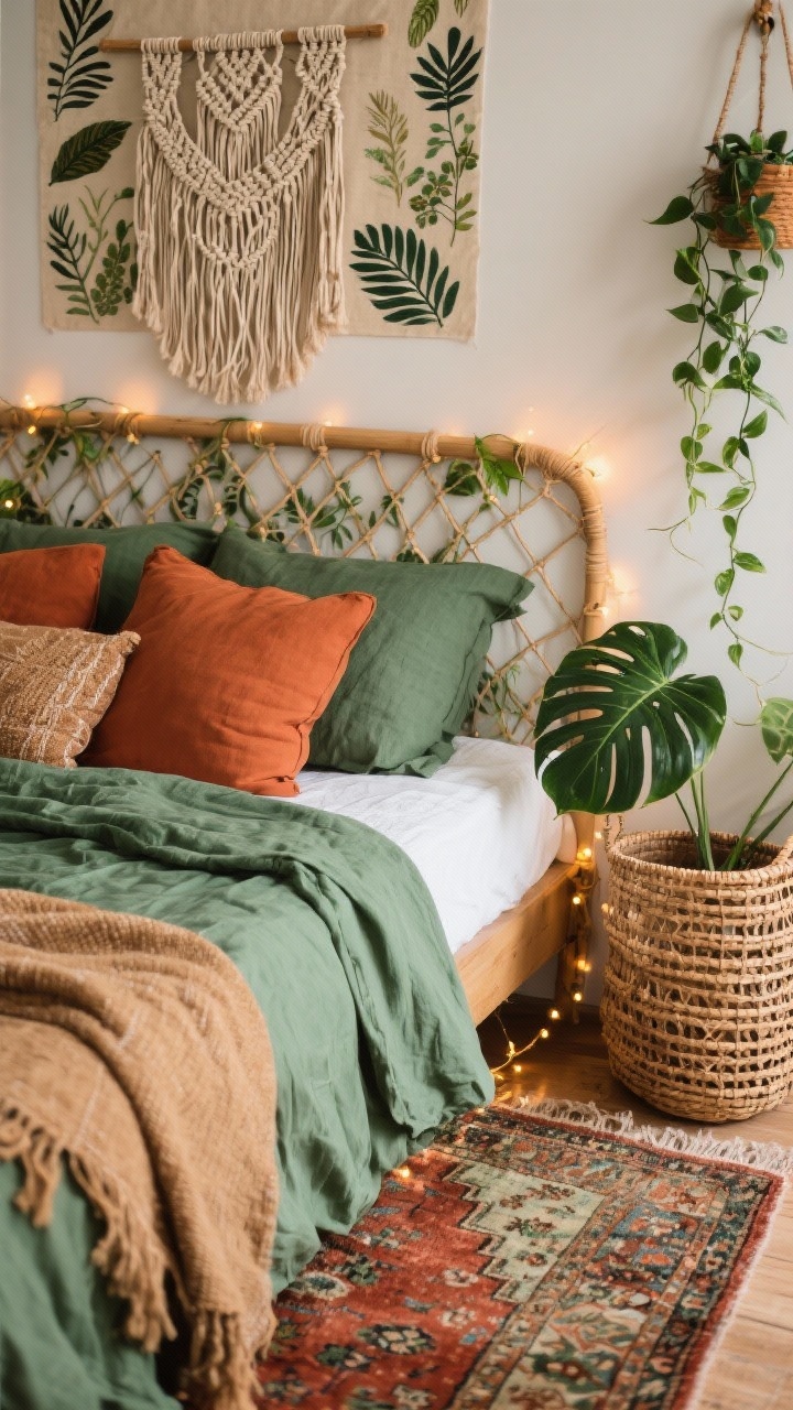Detail closeup of Boho Botanica bedscape and wall, lush and layered. Sage green linen duvet with terracotta throw pillows and a textured camel blanket. Above the bed, a macramé tapestry and peel-and-stick botanical decals framing the headboard. To the side, a pothos trailing from a removable adhesive hook and a faux monstera in a woven basket partially visible. Distressed Persian-style rug in rust and olive tones at the bed edge. Rattan storage basket peeking from underbed. Twinkle lights woven through a small wall grid, warm cozy lighting, shallow depth of field emphasizing woven textures and greenery.