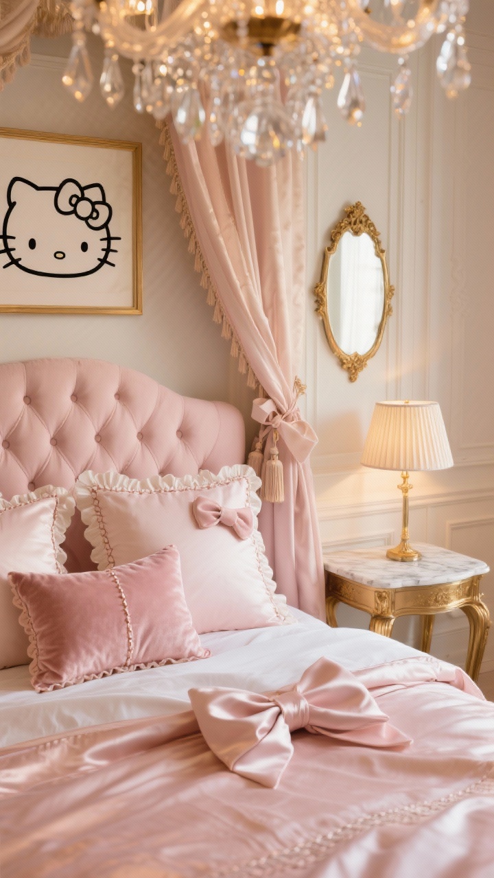 Detail closeup, Parisian glam with satin bows: focus on the luxe Hello Kitty bedding—satin blush duvet with stitched bows, scalloped sheets peeking, velvet euro pillows—on a tufted upholstered bed in powdered rose with brass legs; glints of a marble-topped nightstand edge and petite bedside lamp with a pleated shade; background hints of creamy ivory walls with delicate panel molding and a gilded mirror above a petite vanity; crystal chandelier bokeh sparkle overhead; framed black-and-white Hello Kitty bow sketches partially visible; silk drapes tied with ribbon tassels; soft, golden evening light for a shimmering boutique-hotel feel; photorealistic, shallow depth of field.