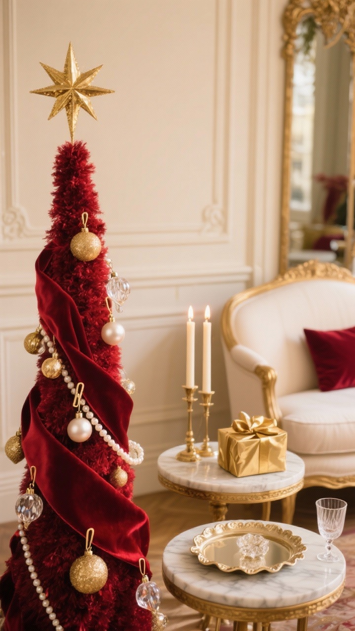 Detail closeup, Parisian Rouge Elegance With Velvet And Gold: A refined vignette of a slim red flocked tree in front of creamy walls with subtle molding, captured close on ornaments and textures. Antique gold, pearl, and clear crystal ornaments sparkle beside deep wine velvet ribbon cascading in tails. Pearl garland and vintage-style clip-on candles provide a candlelit glow; a delicate gold starburst topper is slightly visible above. In soft focus behind: a curved ivory sofa, gold-trim nesting tables with a scalloped marble tray and coupe glasses, tapered candlesticks, and wrapped gifts in gold and wine paper. Elegant, romantic ambiance with warm, diffused lighting and hints of mirror gleam, photorealistic.