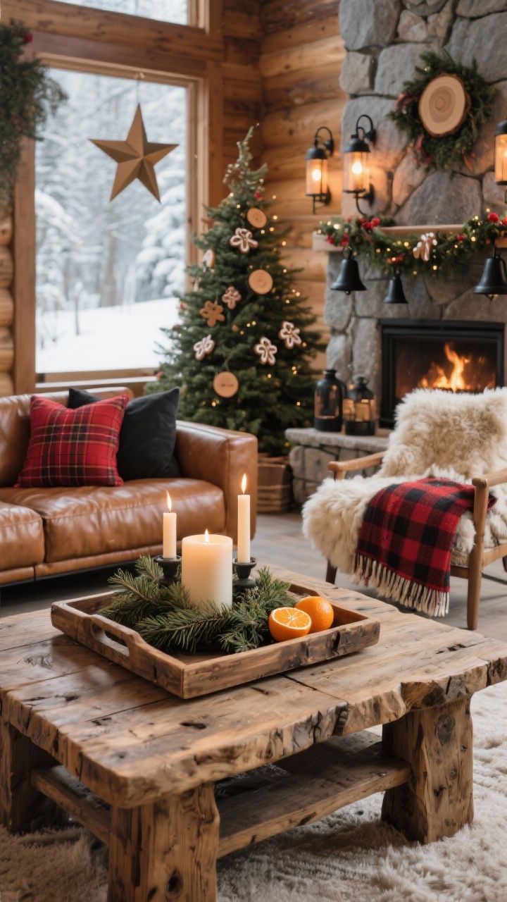 Detail closeup, photorealistic: A rough-hewn oak tray on a coffee table beside a stone fireplace in a modern rustic cabin. The tray holds a cedar centerpiece, pillar candles, and dried oranges; textures of warm woods and creamy textiles are visible. In the softly blurred background: a leather sectional with plaid pillows in deep red and charcoal, sheepskin throws over an accent chair, and buffalo check blanket. Hints of the hearty tree with wood slice ornaments, gingerbread garlands, black iron bells, and a thick wool tree skirt. Low, cozy lighting from iron sconces and the glow of oversized paper stars in the window. Warm, snow-day lodge mood.