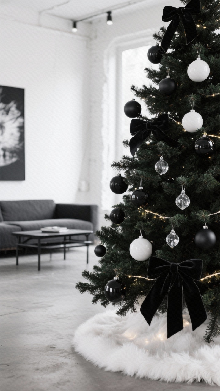 Detail closeup, photorealistic: Minimalist monochrome loft Christmas tree details against white walls and concrete floors. Focus tightly on branches of a slim black or deep-green tree decorated with all-black and white ornaments: ceramic white spheres, matte black baubles, a few clear glass drops catching the light. Black velvet ribbon tied in tiny bows, edge of a white faux fur tree skirt softening the scene. Cool-white LEDs produce crisp highlights with a hint of chrome reflection. Background blur reveals a charcoal sectional and black metal coffee table, plus oversized black-and-white art leaning casually. Straight-on macro perspective emphasizing contrast and texture.