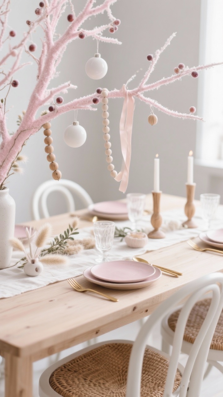 Detail closeup, photorealistic: Nordic rosé minimalist dining room vignette focusing on the pale pink frosted tree branches that look airy and berry-frosted. Decorations include matte white ornaments, raw wood bead garland, and soft linen ribbon in natural flax. Tucked sprigs of dried bunny tail grass and bleached ruscus add subtle texture. In softly blurred background: light oak dining table with clean edges, white wishbone-style chairs with woven seats, ivory linen runner with stoneware candlesticks, stoneware plates, brushed matte gold flatware, and blush glassware. Gentle natural daylight, calm and refined mood. No people.