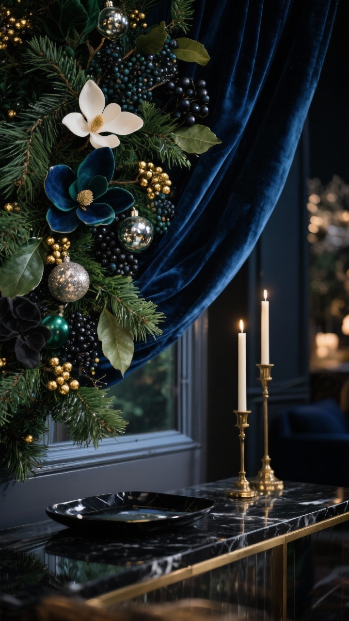Detail closeup photorealistic shot “Midnight Botanical Glam”: focus on the top corner of a window painted with lush evergreen boughs, magnolia leaves, and winter berries in deep emerald, navy, and blackened olive, dotted with metallic gold berries that glimmer; edge of midnight-blue velvet blackout curtains puddling slightly; in the background soft bokeh of antique brass taper candle holders on a smoked glass console with a black marble tray; color story of deep tones and metallic accents; low ambient evening lighting with soft highlights on velvet pile and mercury-glass ornaments out of focus; dramatic moody atmosphere, no people.