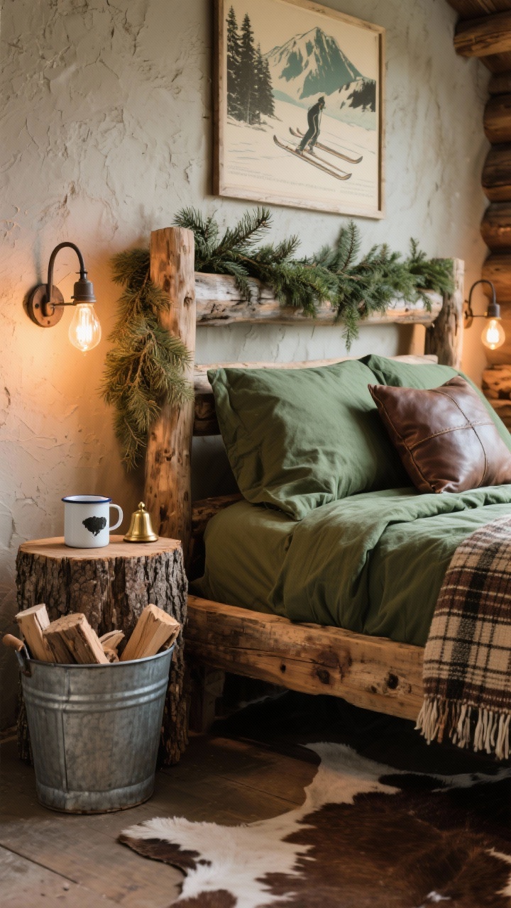 Detail closeup, rustic cabin textures and accents: a weathered wood bed frame edge with a garland of fresh cedar draped over the headboard, warm glow from iron sconces with Edison bulbs; bedding in forest-green linen with a folded buffalo check throw, leather pillow corner and a woven wool blanket layered together; tree-stump side table topped with an enamel mug and a small brass bell; partial view of vintage ski print on rough-plaster wall and a cowhide rug edge; galvanized bucket filled with decorative firewood in the background; earthy, pine-scented, mountain-cabin coziness, warm ambient lighting.