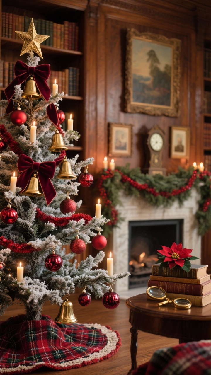 Detail closeup, side angle: An old-world holiday library vignette focusing on the flocked tree branches and warm wood bookshelves behind. The tree features velvet ribbon, brass bells, jewel-toned classic glass ornaments in cranberry red and rich burgundy, and clip-on candle lights glowing warmly. A cranberry garland drapes between branches. In the blurred background, an heirloom-style brass star tree topper, cedar garland across a mantel with small oil paintings and a vintage clock. On a side table: a stack of antique books with a brass magnifying glass and a small poinsettia. Needlepoint tree skirt and plaid wool throws glimpse at the base. Warm, nostalgic, candlelit ambiance, photorealistic.