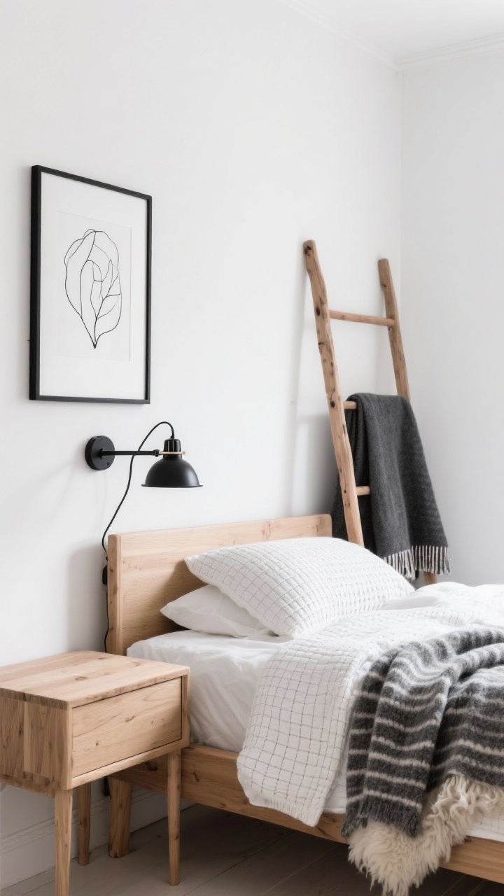 Detail closeup, side angle: Scandinavian cozy textures and black accents. Bright white wall as backdrop; a corner of a blond oak bed frame and slim oak bedside table with a black metal sconce above. On the bed: a waffle-knit white duvet, soft gray striped wool throw, and a hint of sheepskin draped at bedside. A framed black line-art print edges into the frame; a simple oak ladder rack with a folded throw sits behind. Palette: white, blond wood, charcoal black, soft gray. Crisp daylight, clean and tactile, photorealistic.