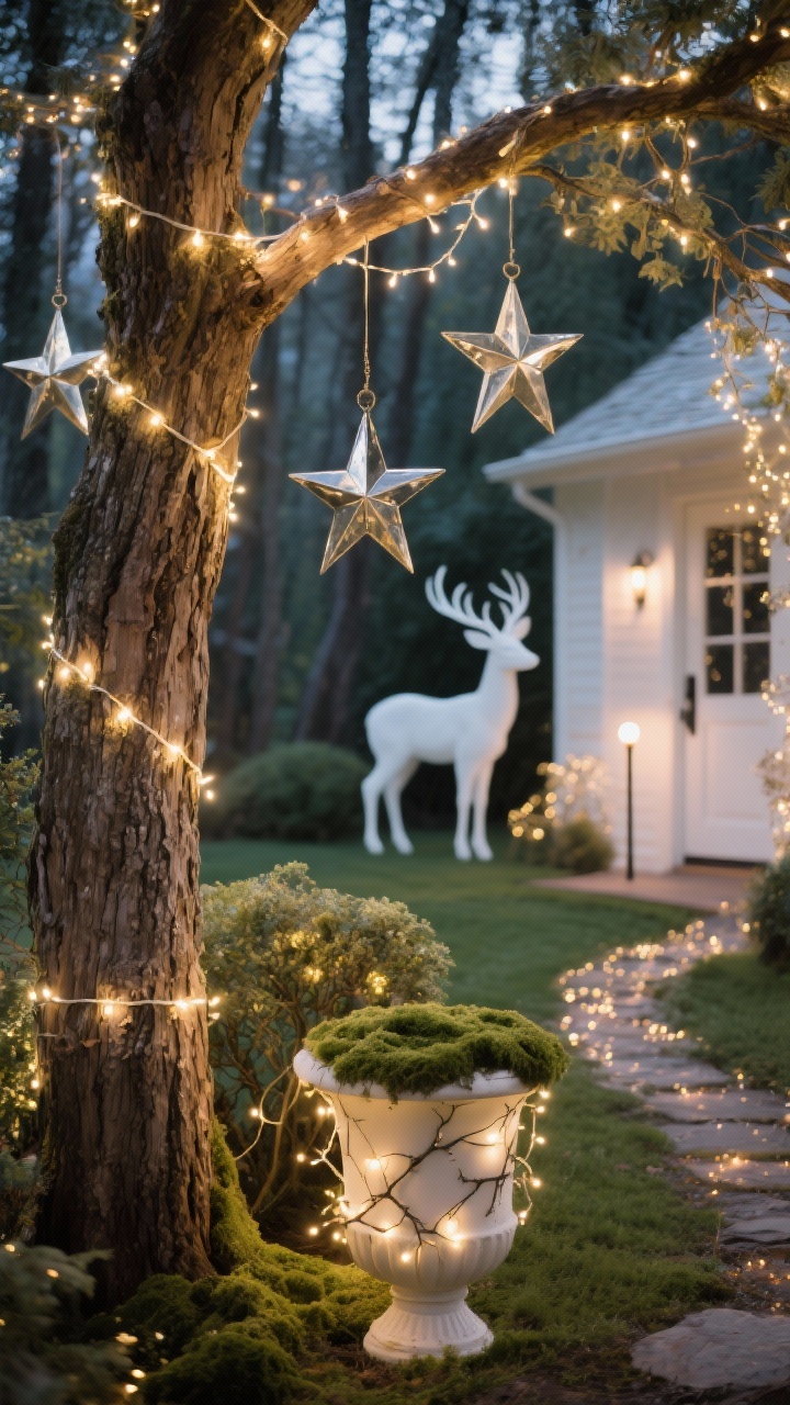 Detail closeup, slightly upward angle within a yard transformed into an enchanted woodland: warm-white twinkle lights wrapped around a tree trunk and major branches, a few oversized metal star pendants hanging from higher limbs, soft fairy lights draped over nearby shrubs like stardust; in the softly blurred background, matte-white silhouette deer and a twinkling stake-light path leading toward the door; mossy urns with twinkle branches visible; color palette warm white, natural wood, soft gold; dreamy storybook mood, photorealistic night glow.