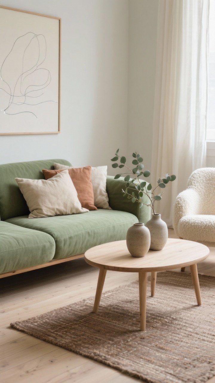 Detail closeup, soft daylight: Sage-green sofa in clean, simple lines with layered pillows in oatmeal and muted clay; fabric grain visible. In frame: bleached wood coffee table with rounded corners, stoneware vases, and a single eucalyptus branch. Background blur shows soft greige walls, pale oak floors, cream bouclé accent chair texture, and a taupe flatweave rug. Thin oak-framed minimal line drawings on the wall, airy linen curtains catching light. Calm, serene Scandinavian mood.