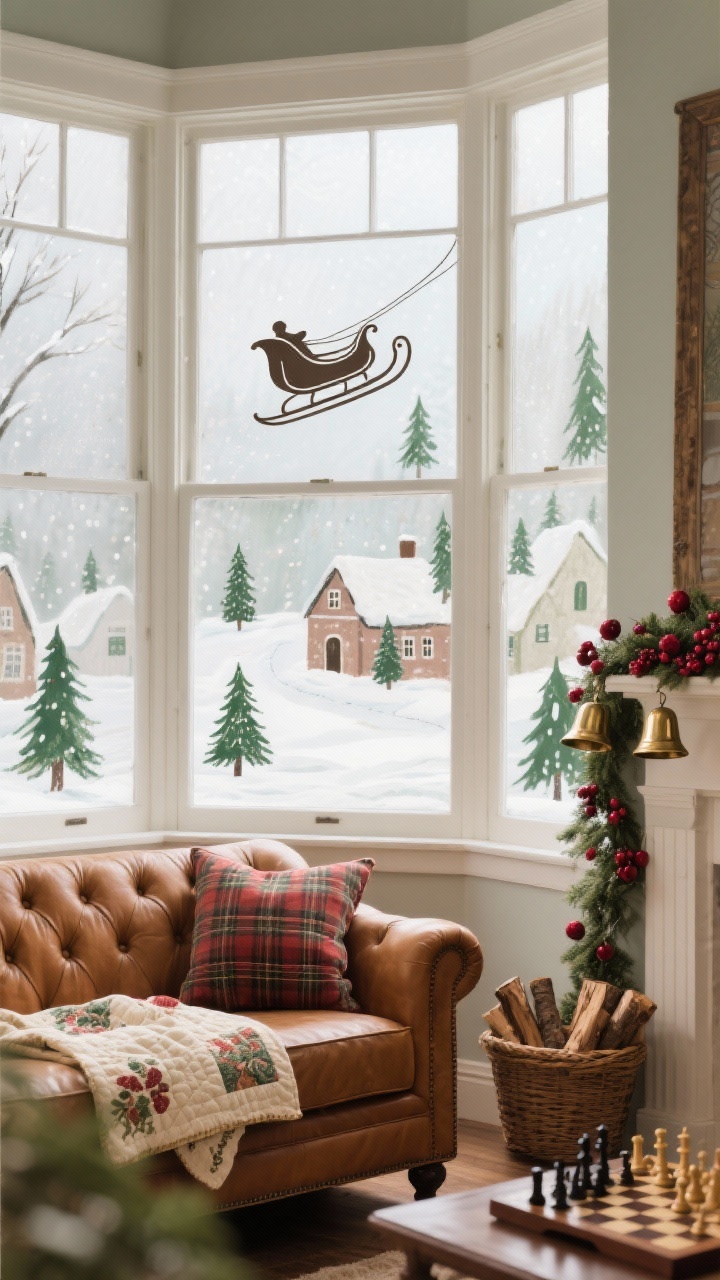 Detail closeup, straight-on at window height: Frosted window paint illustration on bay windows depicting a snowy village, tiny pine trees, and a swooping sleigh silhouette, softly backlit by winter daylight. In the foreground blur, a tufted caramel leather sofa edge with plaid pillows and a folded heirloom quilt; mantle hints with garland dotted with cranberries and brass bells. Basket of logs and a chess board on a side table partially visible. Colors of caramel, pine green, cranberry, and cream; cozy, storybook charm; photorealistic.
