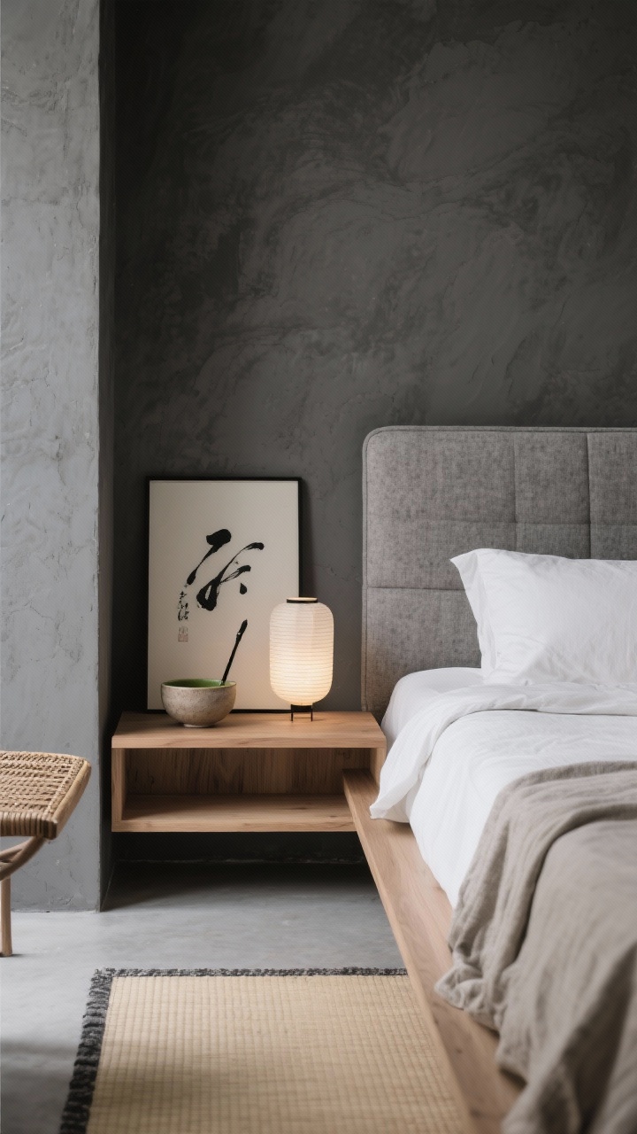 Detail closeup, straight-on: Japandi zen vignette showing a neutral dark grey limewashed wall with soft movement, a low ash/white oak platform bed with integrated side shelf, and an oversized padded linen headboard in pebble grey; on the shelf, a ceramic matcha bowl beside a single ink brush art print; cylinder paper lantern glow washing over a shallow tatami-inspired rug; palette of charcoal plaster, natural oak, oatmeal, black ink; serene minimal styling highlighting linen, rice paper, rattan, and clay textures, photorealistic.