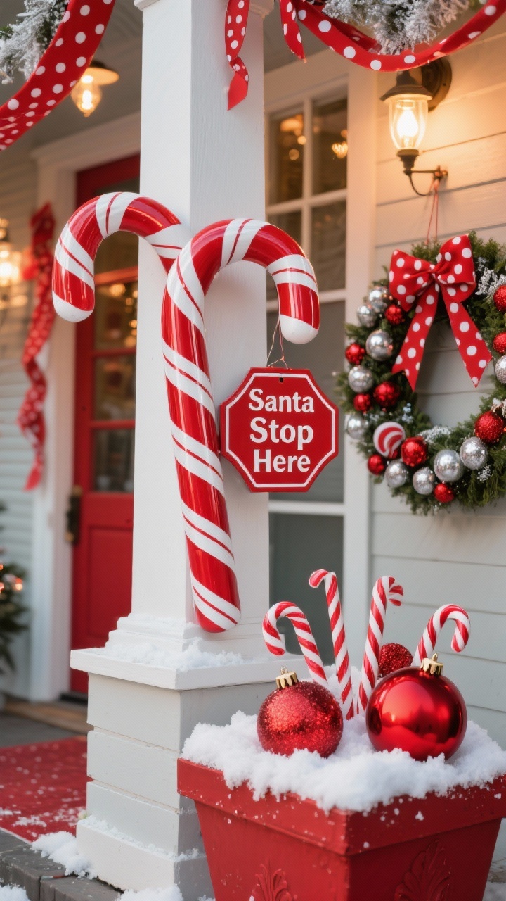 Detail closeup, straight-on of bold candy-cane elements: porch post wrapped tightly with red-and-white striped ribbon mimicking a candy cane, glossy enamel “Santa Stop Here” sign nearby; a peppermint wreath with shiny accents; planter filled with faux snow holding oversized red ornaments and peppermint picks; hints of red-and-white C7 bulbs glowing in the background; ribbon swags and polka-dot bows adding playful texture. Color palette: bright red, crisp white, touches of silver. Retro, high-contrast lighting; photorealistic, punchy composition.