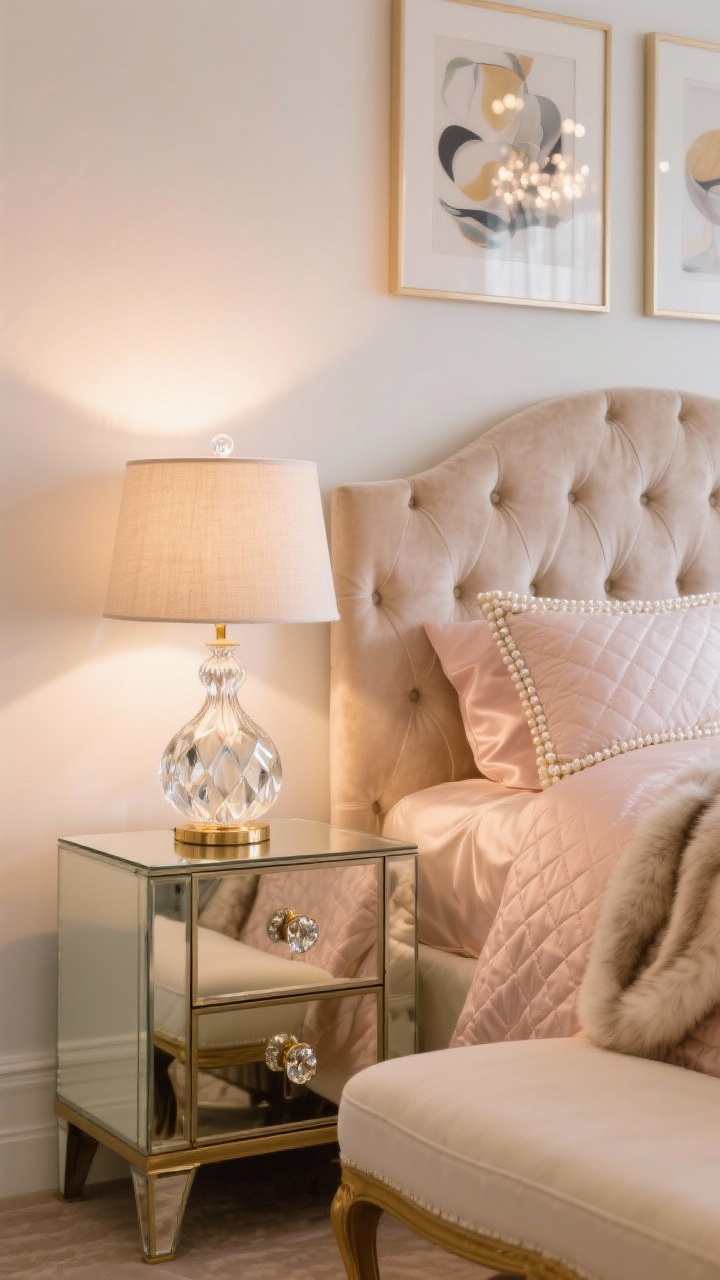 Detail closeup, straight-on: Soft glam bedside scene on a mirrored or lacquered nightstand with crystal knobs. A glass gourd lamp with a linen shade glows warmly; behind, warm white walls with picture lights illuminating a pair of abstract prints. Foreground includes the corner of a tufted velvet headboard in champagne or blush, silky sateen sheets, a quilted pearl coverlet, and a faux-fur throw draped diagonally. Subtle brushed gold hardware accents and a hint of a curved upholstered bench in cream. Small faceted chandelier bokeh in the background on a dimmer. Photorealistic, plush and luminous mood.