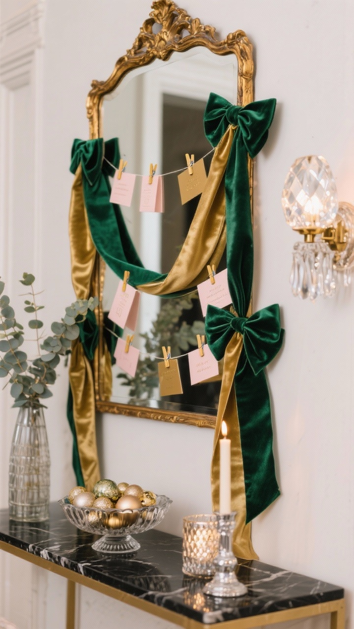 Detail closeup, straight-on: The top half of an antiqued gold mirror in a chic entryway with double-faced satin ribbons in emerald and gold flowing straight down from the mirror’s top corners. Holiday cards clipped to the ribbons with gold mini clothespins, creating vertical cascades. Velvet bows finishing the ribbon ends visible in frame. Hints of a black marble console below with a crystal bowl of ornaments and a tall vase with eucalyptus blurred in the background. Palette of emerald, gold, and soft blush. Sparkle from a faceted glass sconce and candles in mercury glass for a glamorous glow. Photorealistic, no people.