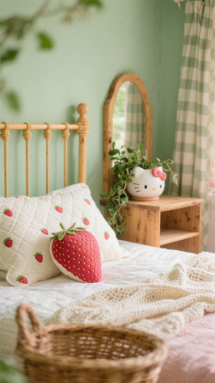 Detail closeup, Strawberry Field Cottagecore textiles and accents: honey-toned wooden spindle headboard partially visible against sage green wall; quilted bedspread with tiny strawberry prints in focus, layered with a cream crochet throw; strawberry-shaped accent pillows nestled together; on a nearby small wooden vanity corner, a Hello Kitty ceramic planter with trailing ivy peeking in; hints of gingham curtain pattern softly blurred in background; wicker basket weave texture slightly out of focus below; soft natural daylight; palette sage, cream, blush, honey wood; cozy, nature-kissed mood.
