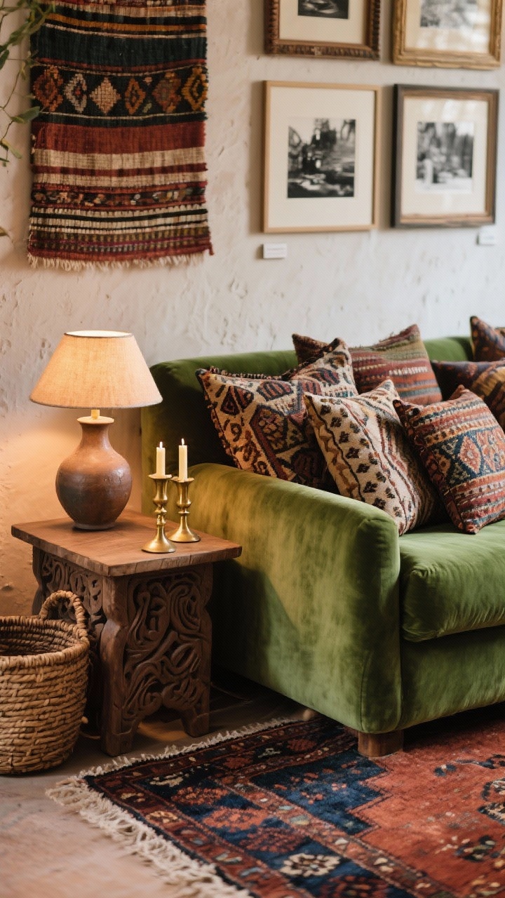 Detail/closeup vignette, Eclectic Global Collector: corner of a moss green sofa against a chalky clay/terracotta wall, piled with patterned pillows—ikat, kilim, mud cloth—mixed scales and motifs visible. A vintage rug in rust, deep blue, and olive peeks beneath. On a carved side table: hand-thrown ceramic, brass candlesticks; nearby woven basket texture visible. Background suggests a gallery wall with framed textiles and black-and-white photography slightly out of focus. Layered lighting feel with soft glow from a carved table lamp; textures rich and storied, intimate closeup, photoreal.