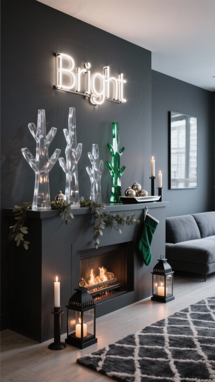 Detail-focused medium shot, photorealistic: A modern charcoal-painted fireplace mantel lined with acrylic “tree” sculptures in varying heights—clear, frosted, and emerald—catching reflections. Above, a slim neon sign reading “Bright” in warm white casts a soft glow. On the hearth: matte black lanterns and tall taper candles in sleek holders. Minimal stockings hang discreetly; a mirrored tray with metallic ornaments and a subtle eucalyptus garland add shine. In the background, a low-profile charcoal sectional and a geometric wool rug maintain a crisp, city-chic vibe. Palette: charcoal, white, emerald, chrome. Evening ambient lighting with neon and candlelight interplay, no people.