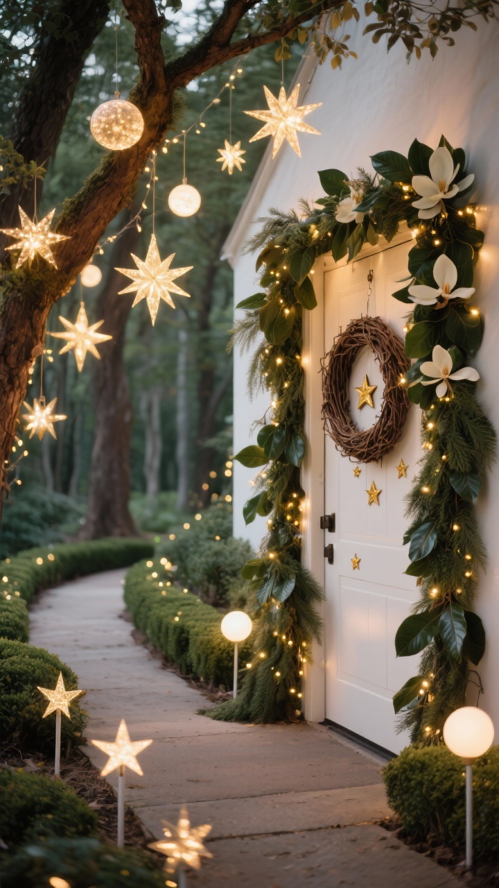 Detail/medium composition along a front walkway turned whimsical woodland: glowing starburst lights in varying sizes suspended at different heights from tree branches overhead, soft warm fairy lights tucked into low hedges like fireflies, pathway guided by stake lights shaped like stars and orbs casting a gentle halo, and the entry framed by an asymmetrical garland heavy on one side with cedar and glossy magnolia leaves threaded with twinkle lights; a natural grapevine wreath on the door dotted with tiny gold star picks; colors warm white, soft gold, deep green, natural brown; dreamy, layered depth.