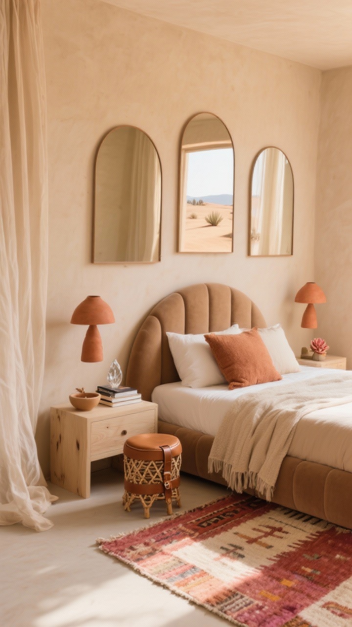 Detail/medium shot from a corner angle: Desert minimal guest room with warm sand-colored walls and a rounded upholstered bed in cappuccino tones. Bleached-wood nightstands hold sculptural terracotta lamps; three arched mirrors on the wall bounce warm light. A flatwoven Kilim rug in rust, blush, and cream lies beneath. Textiles include gauzy drapes and nubby throw pillows in clay and ecru. Styled surfaces show a ceramic catchall, a few good books, and a small desert rose crystal; a woven leather strap stool in cognac is tucked by the bed. Sun-warmed, sculptural, uncluttered mood, photorealistic.