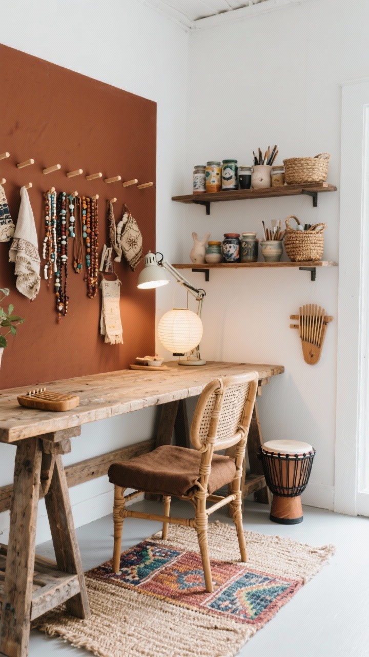 Detail/overhead and desk-level mix, Sacred Mixed-Media Studio: creative corner with white walls and a single burnt umber feature section used as a pin-up inspiration area. Wide reclaimed-wood trestle desk, cane-backed chair with a mud cloth seat pad. Open shelves showcasing handmade ceramics, paint jars, and woven baskets for supplies. Wooden pegs holding a montage of beaded strands and vintage textiles. Sisal rug with a small color-splashed kilim under the chair. Articulated task lamp illuminating the work surface, plus a softly glowing paper lantern. A small drum or kalimba on the desk for playful breaks. Photorealistic, natural daylight with task-light accents, overhead plus slight corner angle.