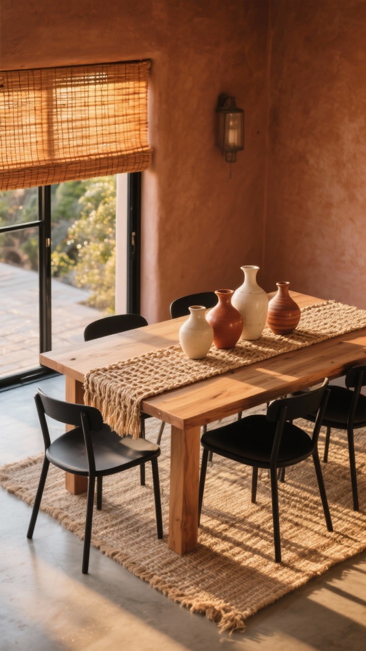 Detail/overhead dining vignette: golden hour light glowing through a caramel-toned bamboo beaded curtain over a patio door, warming a sun-baked palette; warm clay walls; solid matte-finish oak dining table styled with a woven runner and a cluster of ceramic vases in sand and rust; glimpses of matte black metal dining chairs; floor in polished concrete (or light wood) with a flat jute runner beneath the table; palette of clay, caramel, matte black, and bone; photorealistic, intimate warmth, no people.
