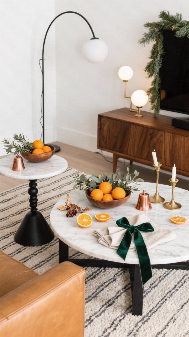 Detail overhead shot, Citrus & Copper Modern Merry coffee table and decor: warm white backdrop, camel leather sofa edge visible, black metal accents nearby. Round marble side table set with bowls of clementines, eucalyptus stems, and linen napkins tied with velvet ribbon. Palette pops of tangerine, emerald, and copper via dried orange slices, small copper bells, and a few brass candlesticks on an adjacent asymmetrical rosemary-and-pine garland. Striped flatweave rug beneath; sleek walnut media console in soft focus; sculptural arched floor lamp and orb sconces casting crisp, modern lighting. Clean, polished, gallery-fresh; photorealistic.