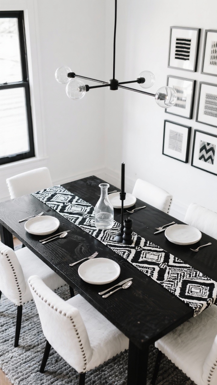 Detail overhead shot of a crisp black-and-white dining table setup: sleek rectangular black-stained wood tabletop with a bold black-and-white adire table runner as the central focal line; white stoneware plates, clear glass carafe, matte black candleholders, brushed steel flatware; glimpses of upholstered white seat cushions in a complementary black-and-white adire motif at the table edges; soft gray flatweave rug visible below; white walls with black window trim and a tight grid of small framed adire swatches in the background blur; linear matte-black chandelier with frosted globes providing even, modern illumination; photorealistic, graphic contrast.