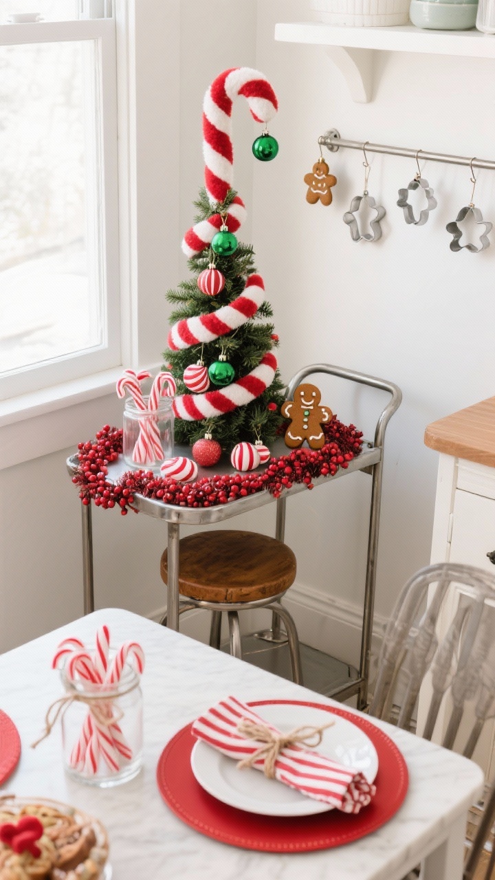 Detail/overhead shot, photorealistic: A candy cane kitchen nook tablescape and mini tree moment. Overhead view of a small Christmas tree on a metal bar cart or stool, wrapped in red-and-white striped ribbon and adorned with candy cane ornaments, felt peppermints, mini gingerbread men, and a strand of red berry garland. On the adjacent bistro table: red chargers under white plates, candy-striped napkins tied with baker’s twine. A clear apothecary jar brims with real candy canes; a few metal cookie cutters hang as tiny ornaments nearby. Colors: cherry red, white, hints of emerald. Lighting: bright, cheerful daylight. Emphasis on peppermint stripes and playful holiday sweets.