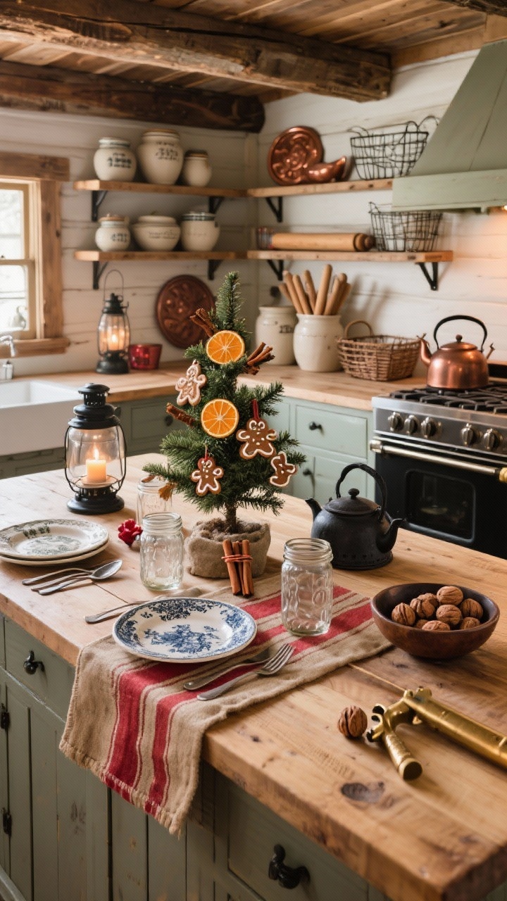 Detail/overhead shot, rustic cabin kitchen with vintage farmhouse warmth: butcher-block island surface styled with red-striped grain sack runner, mismatched ironstone plates, vintage flatware in mason jars, and a small counter tree decorated with dried orange slices, cinnamon sticks, and gingerbread ornaments. Surrounding context hints of exposed beams, open shelves with stoneware crocks and enamelware, wire basket of wooden rolling pins, and copper molds on the wall. Palette of cranberry, pine, cream, and matte black. Soft, cozy ambient lighting like lanterns with faux candles; include a cast-iron kettle nearby and a bowl of walnuts with a brass nutcracker. Overhead perspective, photorealistic, no people.