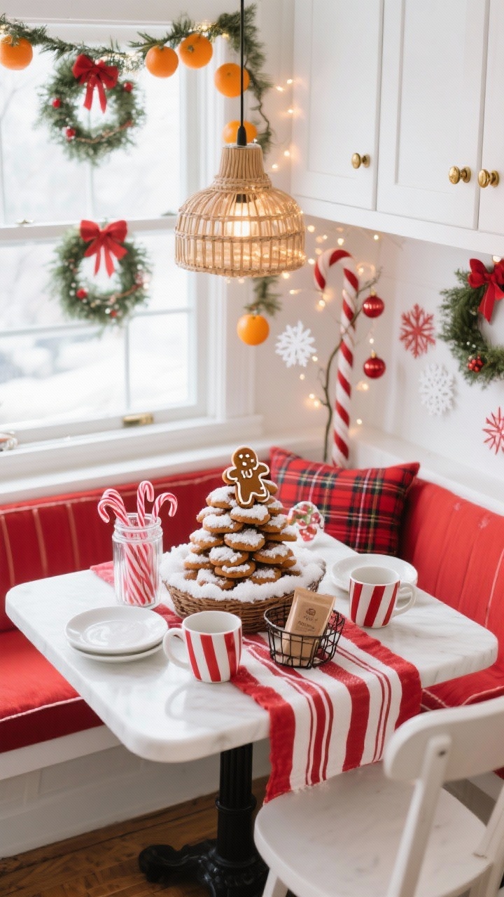 Detail overhead shot: Whimsical Candy Cane Kitchen Nook styled on a small bistro table with a bright white, cherry red, and peppermint stripe palette. Red-and-white runner, white stoneware, a tower of gingerbread cookies sprinkled with powdered sugar “snow”; clear jars filled with candy canes; striped red-and-white mugs; cocoa packets in a wire basket. Background hints of a bright white kitchen: brass cabinet knobs with mini wreaths tied to cabinet doors, a garland of dried oranges over the window, removable red plaid cushions on the banquette, a rattan pendant wrapped in tiny fairy lights casting a soft morning glow. Skinny pencil tree in the corner with candy ornaments and paper snowflakes slightly out of focus. Photorealistic, no people.