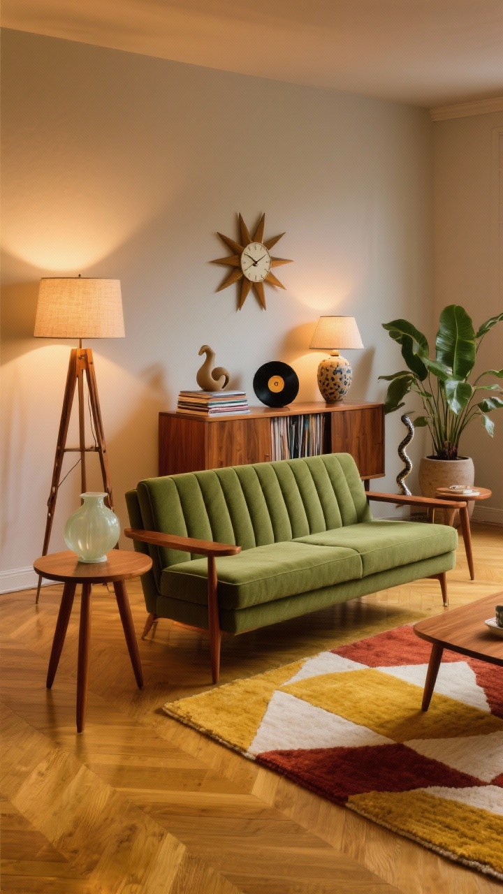 Detail-rich medium shot, Warm Mid-Century Retro Revival: channel-tufted avocado green sofa with tapered walnut legs on a golden-toned hardwood floor. Geometric retro rug in mustard, rust, and cream beneath. Warm wood side tables flanking the sofa, a tripod floor lamp with a linen shade casting a cozy glow. A starburst clock on the wall, low walnut credenza with a ceramic table lamp and a stack of vintage vinyls. Accents of opal glass, sculptural pottery, and a snake plant in a ceramic planter. Warm, nostalgic evening light, shot from a low corner angle to showcase textures and wood tones, photoreal.