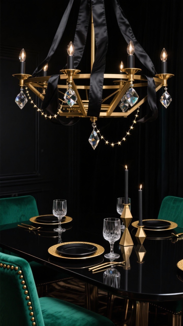 Detail shot, Art-Deco Midnight Glam chandelier and tabletop: geometric brass chandelier threaded with black satin ribbons, small faceted crystal/glass ornaments and a thin strand of micro-LEDs sparkling like starlight; below, black lacquer dining table set with black plates, gold-rim glassware, angular candleholders; chairs in emerald velvet with brass nailheads appear at edge; palette black, emerald, brass, smoked glass; moody, glamorous midnight ambiance; photorealistic, no people, low-light closeup emphasizing reflections.