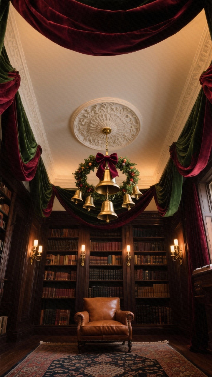 Detail shot, Old-World Library Glow: An upward-looking vignette of a moody library ceiling with a central plaster medallion or flush mount. Suspended from the center is a ring of vintage-style brass bells and small wreaths tied with deep burgundy or forest green velvet ribbon. Velvet ribbon swags arc softly from corner to corner, framing the ceiling. Warm lighting from picture lights over dark bookcases and the gentle flicker of battery tapers on sconce brackets create an old-world glow. Hints of cognac leather and a Persian rug below. Palette: oxblood, olive, brass, walnut. Photorealistic, rich and intimate.