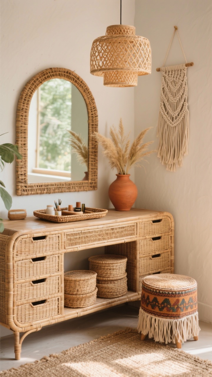 Detail shot, three-quarter angle: Rustic boho rattan corner focused on texture. A rattan and cane vanity desk with curved edges and slim drawers, paired with an oversized arched mirror framed in natural rattan. To the side, a macramé wall hanging. On the desk: a woven tray corralling daily favorites next to a terracotta vase filled with dried grasses. Beneath, stacked lidded baskets for storage; on the floor, a jute rug and a fringed kilim stool. Warm, sun-kissed lighting with a woven pendant casting patterned light. Palette of sand, terracotta, sage, and toffee. Emphasis on natural fibers and layered textures.
