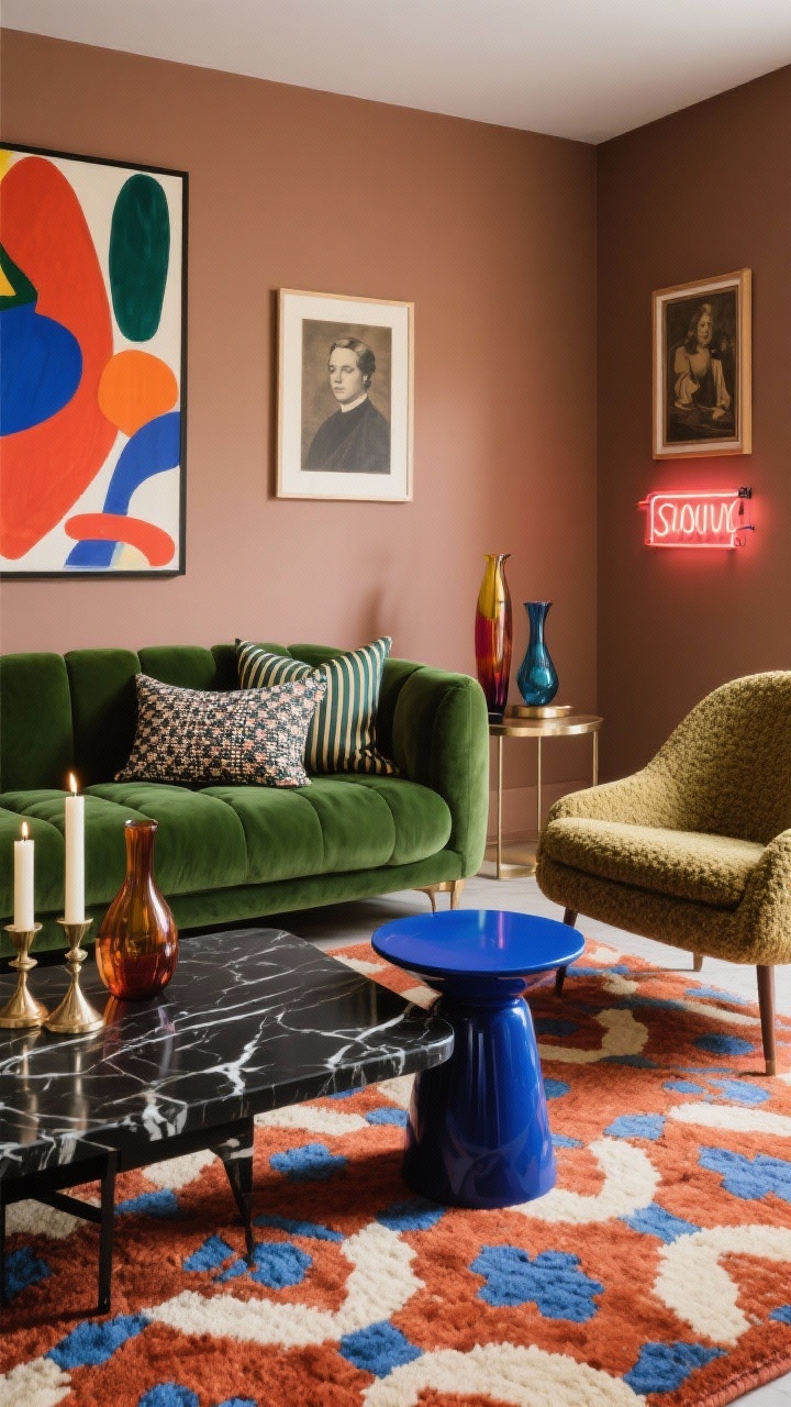 Medium angle, layered composition: Forest-green, low-slung plush sofa against warm mushroom taupe walls. A statement rug with saturated rust, cobalt, and cream graphic pattern under a black marble coffee table. Lacquered side table in a bold accent color beside a curved accent chair in boucle. Wall art mix: bold abstract canvas, vintage portrait, plus a playful neon element glowing softly. Mixed metals, colored glass vases, and sculptural candles on surfaces. Patterned pillows (ikat, stripe, micro-check) in a tight palette. Photorealistic gallery-meets-lounge drama.