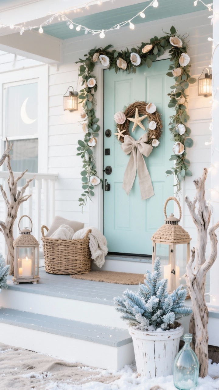 Medium, breezy coastal porch angle with beachy holiday charm: shell-and-starfish wreath tied with linen ribbon on the door; eucalyptus garlands framing the doorway with sand-hued ornaments; rope-handled lanterns with flameless candles on the steps; a woven basket holding cozy throws; whitewashed planters featuring dusty miller and blue spruce with a sprinkle of faux snow; driftwood trees and glass floats styled near the entry; subtle oyster shell garland details. Lighting: cool white fairy lights for a moonlit, seaside feel. Color palette: seafoam, soft teal, sandy beige, white. Photorealistic, airy mood.