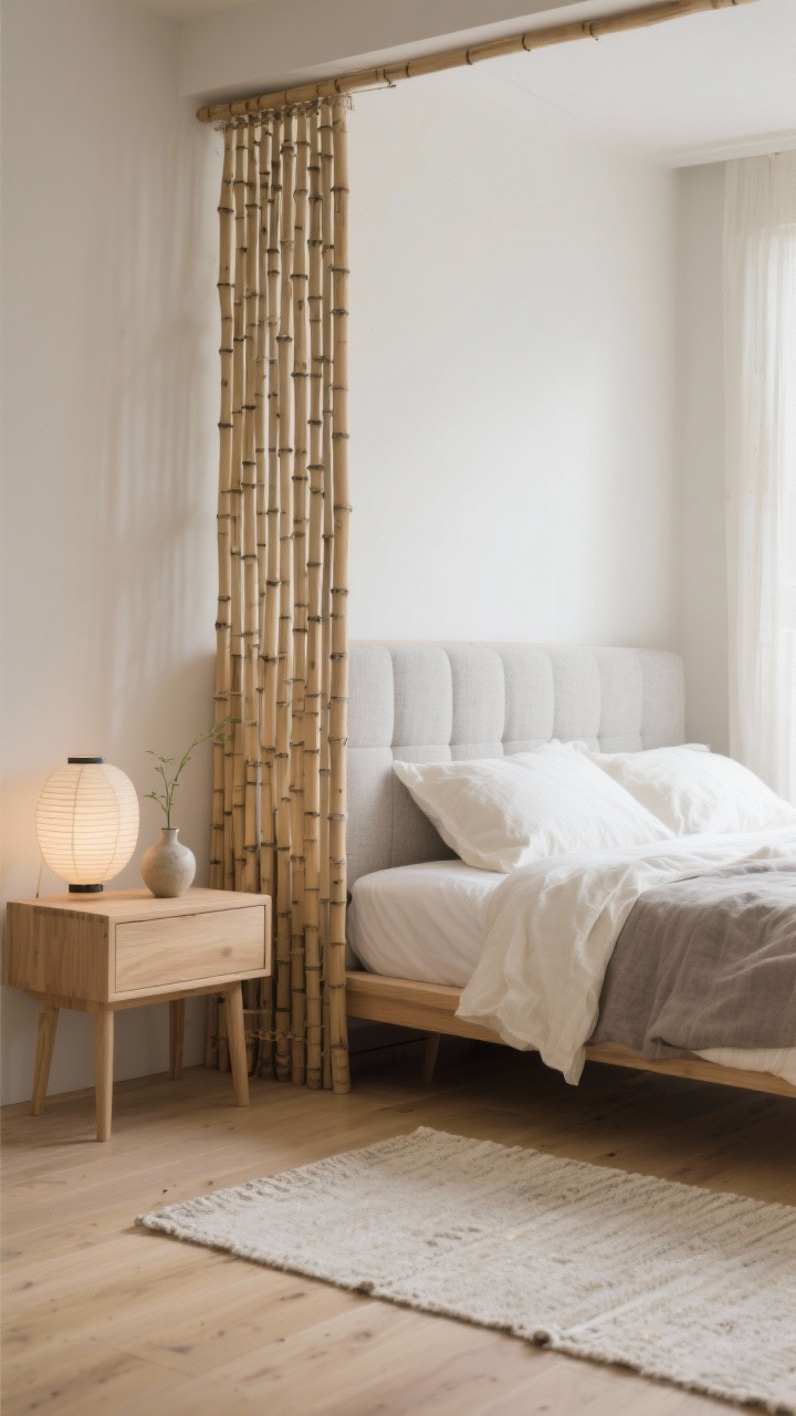 Medium-close, serene bedroom nook: a natural bamboo beaded curtain subtly separating a reading nook from a low Japandi bed with a padded linen headboard; layered bedding in cream, stone, and taupe; pale oak nightstand with a rice-paper lantern and a single ceramic bud vase; light wood flooring with a cotton flatweave rug; textures of linen, bamboo, and smooth ceramics highlighted by soft, diffuse morning light; palette of cream, oat, fog gray, and pale oak; calm, clutter-free mood; photorealistic, no people.